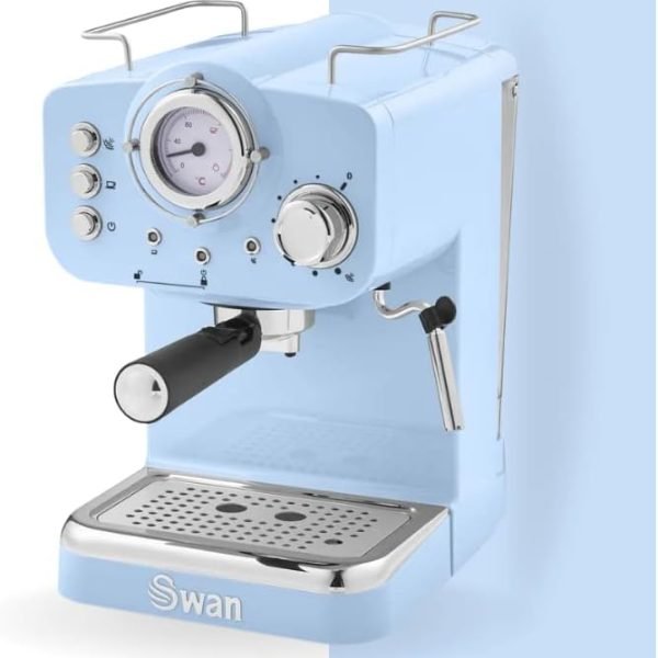 Swan SK22110BLN Retro Espresso Coffee Machine with Milk Frother, Steam Pressure Control, 1.2L Detachable Water Tank, 1100W, Retro Blue
