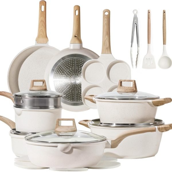 CAROTE 21pcs Pots and Pans Set, Nonstick Cookware Sets, White Granite Induction Cookware Non Stick Cooking Set w/Frying Pans & Saucepans(PFOS, PFOA Free)