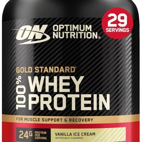 Summer Final Clearance Just OMR 9.9：Optimum Nutrition (ON) Gold Standard 100% Whey Protein Powder Primary Source Isolate, 24 Grams of Protein for Muscle Support and Recovery - Vanilla Ice Cream, 2 Lbs * 5 Cans