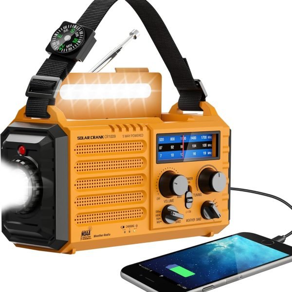 Emergency Radio with NOAA Weather Alert, Portable Solar Hand Crank AM/FM Radio for Survival,Rechargeable Battery Powered Radio,USB Charger,Flashlight,Reading Lamp,for Home Outdoor