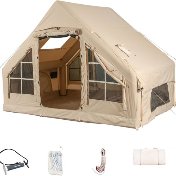 Inflatable Camping Tents with Hand Pump, Air Glamping Tents, Easy Setup Waterproof and Windproof Blow up Tent, 4 Seasons Oxford Cabin Tent with Mesh & Chimney Window.