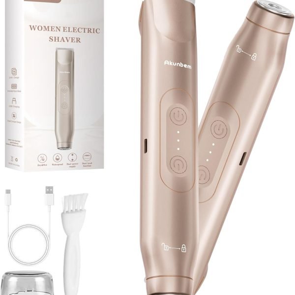 Bikini Trimmer for Women - 2 in 1 Electric Razors for Women - Dual Head Electric Shaver - IPX7 Waterproof Wet & Dry Use Body Hair Trimmer and Facial Hair Remover for Bikini Underarm Leg Arm (Gold)