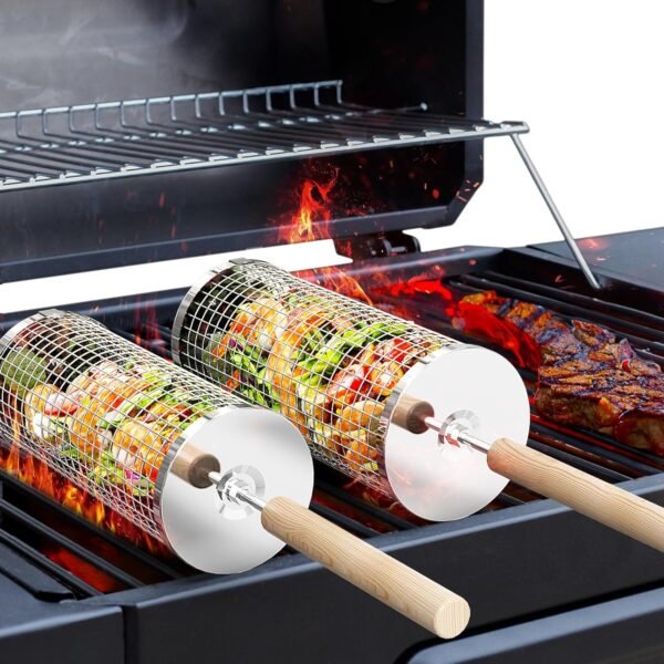 2PCS ivtivfu Rolling Grill Basket, Removable Wooden Handle, 304 Stainless Steel, Nesting BBQ Tools, Smoker Grilling Accessories for Vegetable, Outdoor Cooking Camping, Birthday Gifts for Men Dad Husband