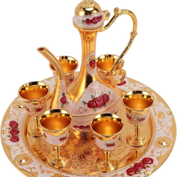 Vintage Turkish Coffee Set, Zinc Alloy, Elegant Turkish Tea Set with Rustproof, Colorfast, Pot and Cups for Home Party, Banquet, Wedding (Gold White Red)